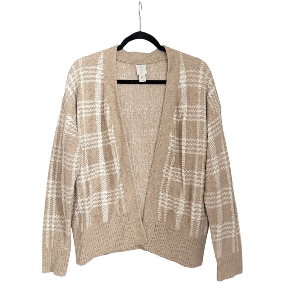 Joie Tan White Plaid Open Front Cardigan Women’s Size L